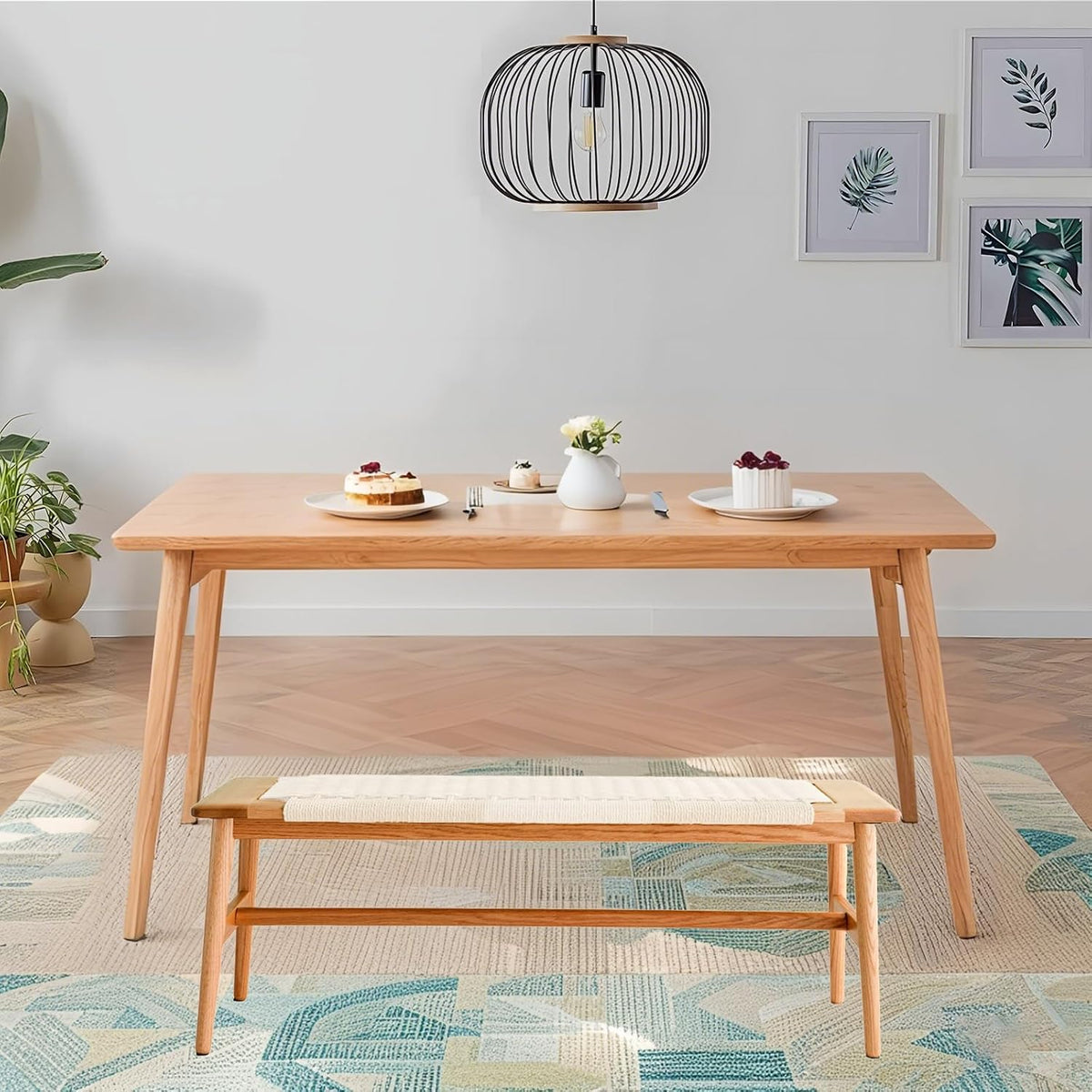 Solid Wood Entryway Bench, 43.31" Wooden Dining Bench, End of Bed Benches w/Hand-Woven Rope Seat for Bedroom, Kitchen Dining Room, Living Room, Entry Décor (White Rope)