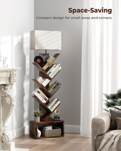 Evermagin 6 Tier Tree Bookshelf with Light, Bookcase, Rustic Brown | Narrow Tower Design, Storage Cabinet for Book Organization, Tall Floor Standing Use, Living Room, Bedroom and Home Office