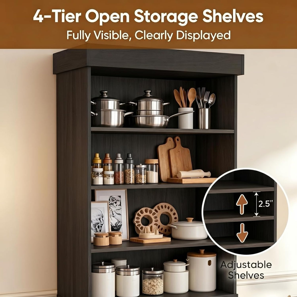 71" Tall Farmhouse Kitchen Pantry, Large Storage Cabinet with Glass Doors, Adjustable Shelves + 3 Drawer, Wood Versatile Hutch Cabinet for Dining Room, Living Room， Black，2Pcs