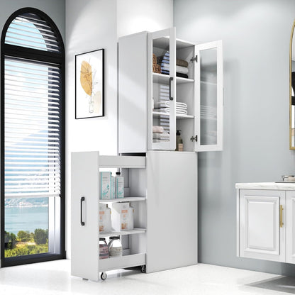 KEIKI 70.87" H Kitchen Pantry Storage Cabinet with Pull-Out Shelf, Glass Doors, Tall Modern Wooden Display Cabinet, Bookshelf, Bookcase, Food Pantries for Dining Room, Living Room Home Office, White