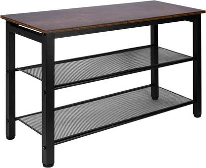3-Tier Shoe Rack Bench, Industrial Shoe Organizer with Metal Mesh Shelves and Wood Seat, 29.5 Inch Entryway Storage Bench for Living Room or Hallway, Rustic Brown