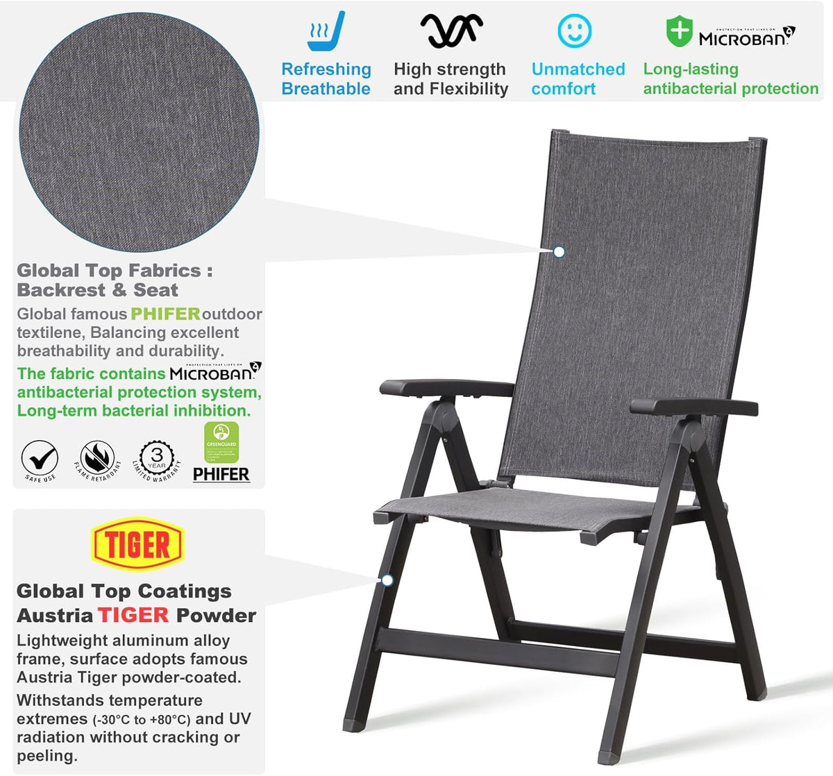 Folding Chair, Indoor & Outdoor Balcony, Patio Porch, Garden Lawn, Pool, for Comfortable Black Foldable Chairs, Portable Cozy Recliner, Metal Frame, Heavy Duty Durable