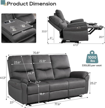 Reclining Sofa, Power Reclining Sofa with Drop-Down Table & Cup Holders, Modern 3 Seat Power Reclining Couch, Wall Hugger Sofa Recliner for Living Room Furniture Sets(Dark Gray)