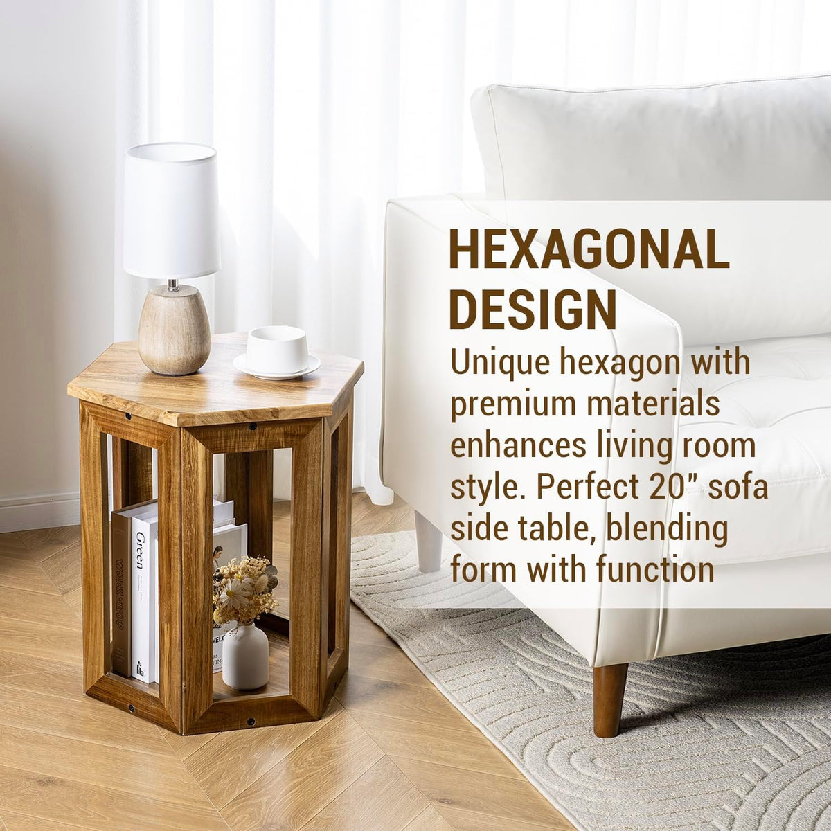 MyGift Hexagon Acacia Wood End Table with Shelf – 20-Inch Tall Small Side Table for Living Room or Bedroom