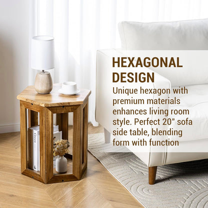 MyGift Hexagon Acacia Wood End Table with Shelf – 20-Inch Tall Small Side Table for Living Room or Bedroom