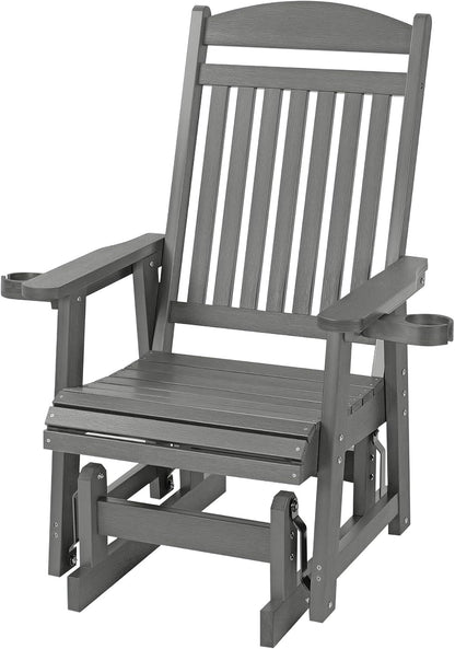 Poly Lumber Patio Glider for One Person, with Cup Holders, High Backrest and Deep Contoured Seat, HIPS Material, All-Weather Resistant, Heavy Duty 700 LBS (Gray)