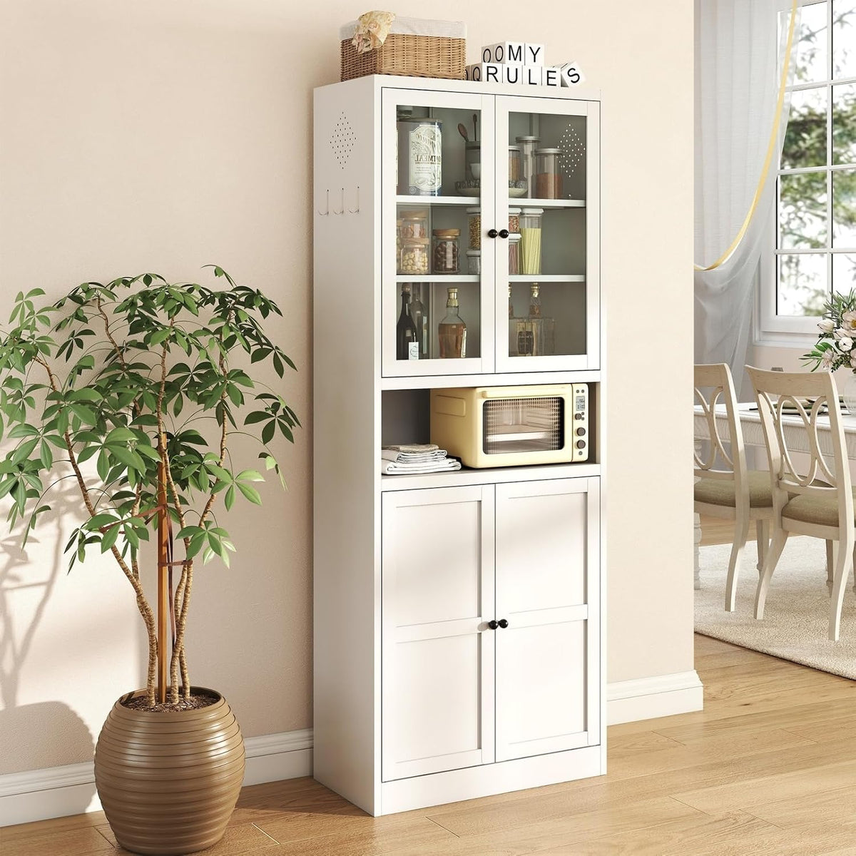 Tall White Metal Kitchen Pantry Cabinet, Stainless Steel Frame Storage Cabinet with Adjustable Shelves & Glass Doors, for Small Kitchen Pantry Living Room Bathroom, 27.6x13.8x72 Inches