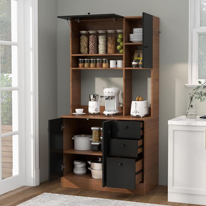 71" Large Kitchen Pantry Cabinet with Microwave Shelf, Wooden Tall Pantry Hutch with 3 Drawers, Adjustable Shelves, Farmhouse Kitchen Hutch Storage Cabinet for Dining Room (Walnut)