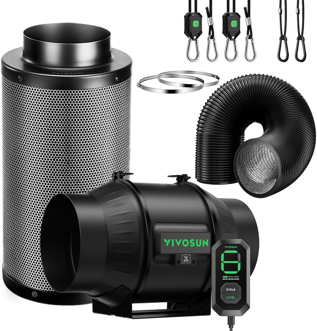 VIVOSUN Smart Air Filtration T6 Kit 6", AeroZesh T6 Inline Duct Fan with E12 Speed Controller, Carbon Filter & 8' Ducting, Cooling & Ventilation System for Grow Tents, Indoor Gardening, Hydroponics
