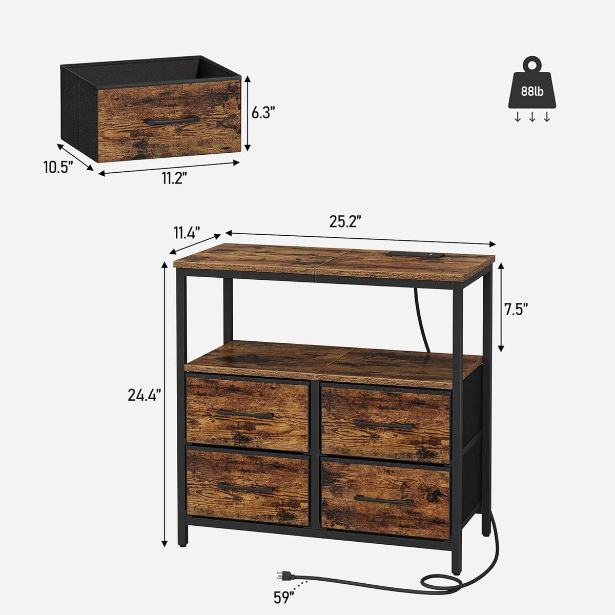 TUTOTAK Large Night Stand with Charging Station, Nightstand with USB and Type-C Port, Bedside Table with Cloth Drawers, End Table for Livingroom, Bedroom, Brown TB01BB081
