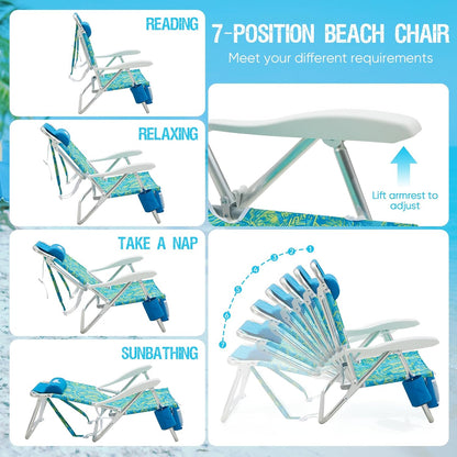 Old Bahama Bay Beach Chairs for Adults, 7-Position Classic Lay Flat Beach Chair Reclining Beach Chair, Portable Aluminum Backpack Beach Chair with Towel Bar & Cooler Bag
