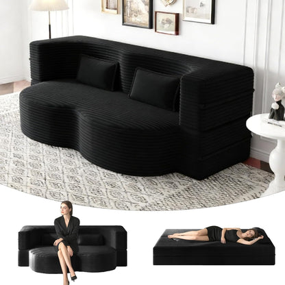 78" Full Size Convertible Futon Sofa Bed, Corduroy Folding Sleeper Sofa Bed with 2 Pillow, Foam Mattress Couch Bed, No Assembly Loveseat Couches for Living Room Apartment, Space‑Saving, Black