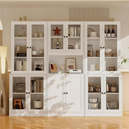 TUSY 71'' Tall Pantry Cabinet, Kitchen Hutch Storage Cabinet, Buffet Hutch Set of 3, China Cabinet with Glass Doors, 5-Tier Storage Cabinets for Dining Room, Living Room (White)
