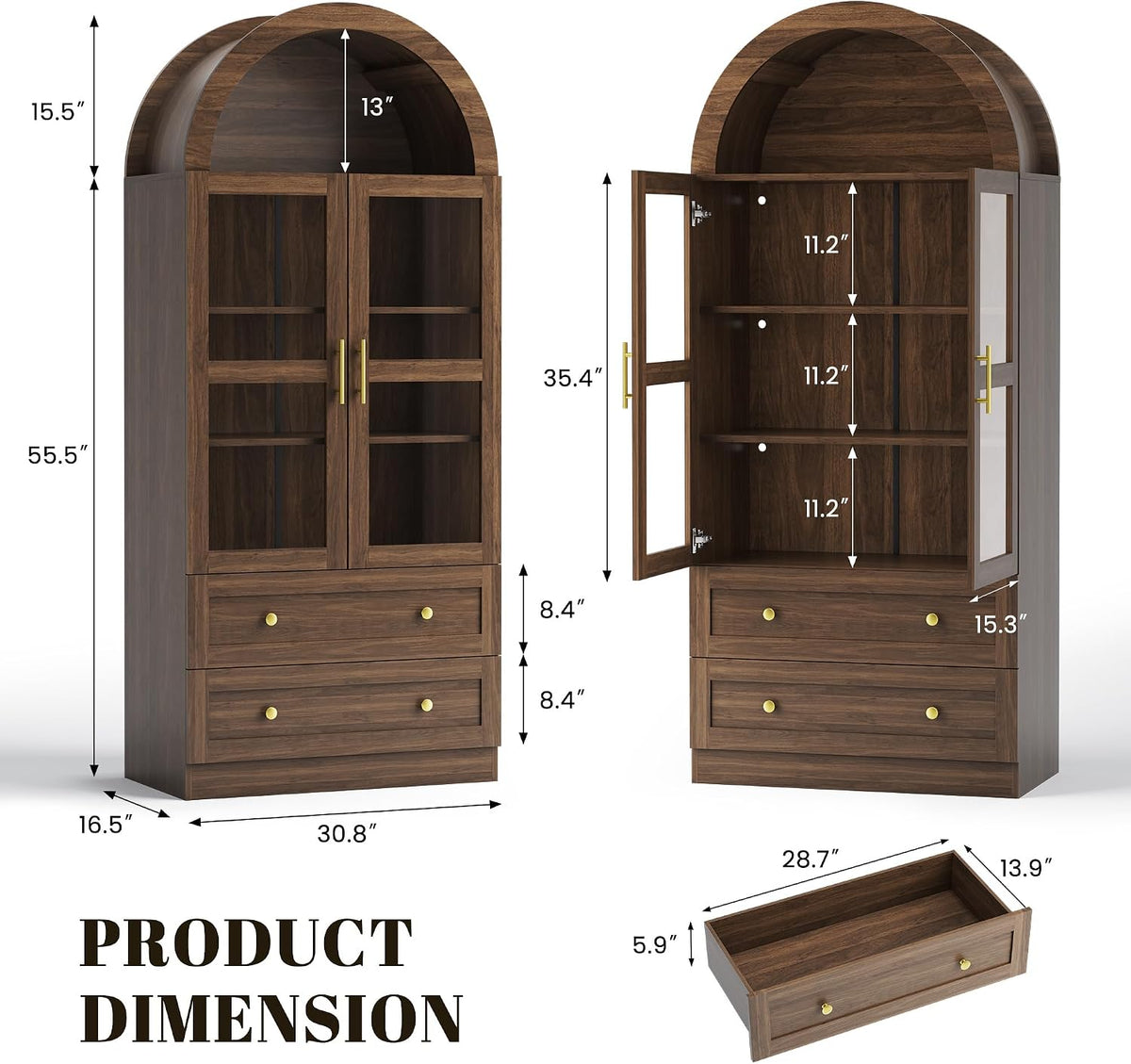 71" Tall Arched Kitchen Pantry Cabinet, Modern Farmhouse Kitchen Storage Cabinet with 2 Large Drawers & Acrylic Doors, Freestanding Versatile Cupboard for Living Room, Dining Room, Brown