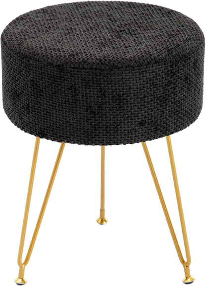 DUMOS Vanity Stool, Velvet Vanity Chair for Makeup Room, Round Ottoman Foot Rest with Gold Metal Legs, Makeup Dressing Table Seat for Bedroom, Living Room, Entryway, Black