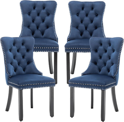 Mid Century Modern Dining Chair Set of 4 Velvet Upholstered Dining Accent Chair Farmhouse Dining Chairs with High Back and Nailhead Trim for Kitchen, Living Room, Bedroom (Blue)