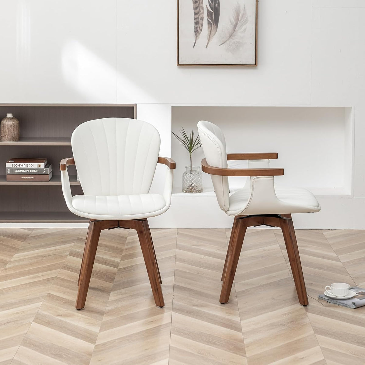 LUNLING Swivel Dining Chairs, Mid Century Modern White Faux Leather Kitchen Chairs with Arms,Bamboo Legs Side Chairs No Wheels,Accent Chair for Dining Rooms and Offices,1PCS