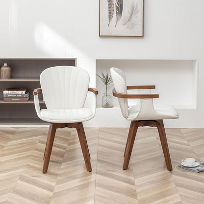 LUNLING Swivel Dining Chairs Set of 4, Mid Century Modern White Faux Leather Kitchen Chairs with Arms,Bamboo Legs Side Chairs No Wheels,Accent Chair for Dining Rooms and Offices