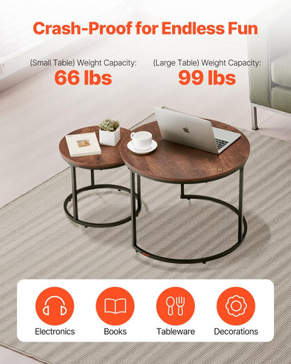 VEVOR Nesting Tables, Coffee Table Set of 2, 23.6 inch Round Coffee Table, Small Coffee Tables Night Stand with Metal Frame, for Living Room, Bedroom, Office (Brown & Black)