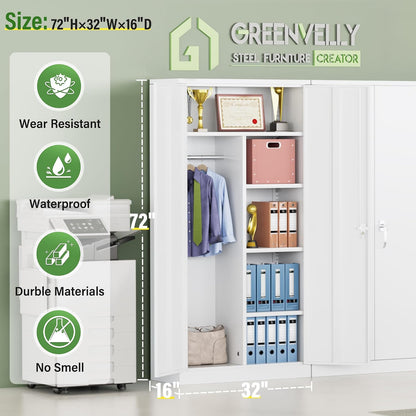 Greenvelly Metal Wardrobe Closet with Doors and Shelves,72" Armoire Wardrobe Closet for Hanging Clothes for Office, Bedroom, Laundry Room, School, Employee,Gym(White)
