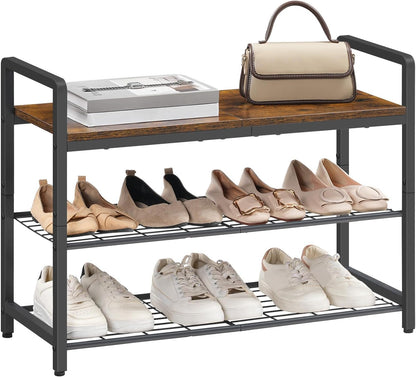 HOOBRO Shoe Rack Bench for Entryway, 3-Tier Industrial Shoe Storage Organizer with Wood Top and Side Handles, 29.5" Freestanding Storage Bench for Small Spaces, 220 lb Capacity, Rustic Brown BF32HX01