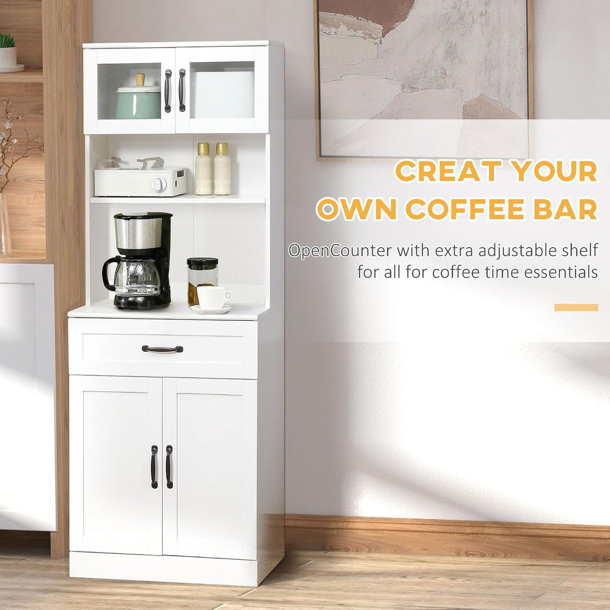 63.5in Premium Sleek 4-Door White Freestanding Kitchen Buffet Cabinet with Hutch Adjustable Shelves & Coffee Bar Modern Design