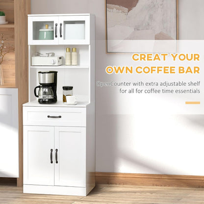 63.5in Premium Sleek 4-Door White Freestanding Kitchen Buffet Cabinet with Hutch Adjustable Shelves & Coffee Bar Modern Design