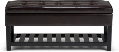 SIMPLIHOME Cosmopolitan 44" Wide Vegan Leather Storage Ottoman in Brown | Tanners brown, transitional storage ottoman bench with tufted lift-top and open shelf; rectangle footstool or footrest.