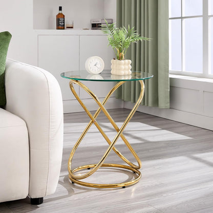 BECHAEO 19.7" Round Glass Gold Side Table with Gold-Plated Metal Ring-Shaped Frame for Living Room, Modern Round Glass End Table Nightstand for Bedroom, Small Side Table for Small Spaces