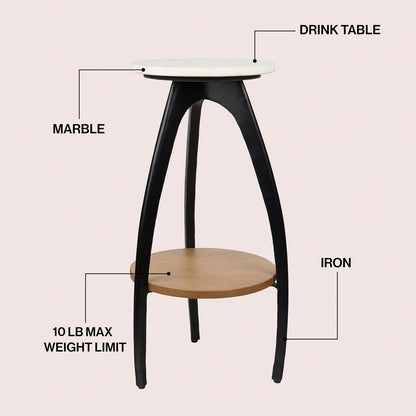 JONATHAN Y Ollie 24.5" Modern 2-Tier Round Drink Table, White Faux Marble Top and Black Metal Arch Legs, Small Pedestal Side Table with Wood Shelf for Living Room, Martini Cocktail Accent END3001A