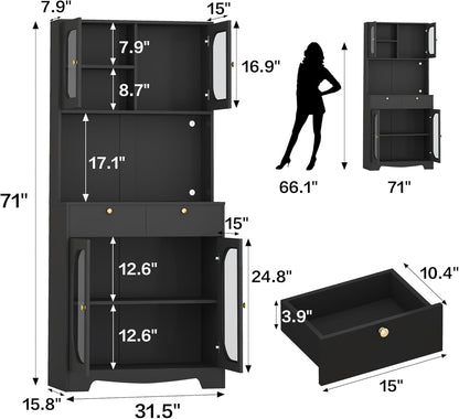 72" Black Kitchen Pantry Cabinet with Lights and Charging Station, Tall Hutch Storage Cabinet Coffee Bar Cabinet with Microwave Shelf for Dining Room