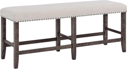 Jofran Willow Creek Distressed Pine Counter Height Dining Bench, Rustic Upholstered Bench for Dining Room Kitchen, Cream Fabric and Brown Wood