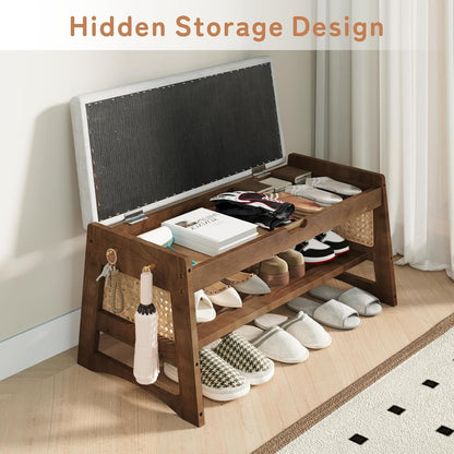 Shoe Rack Bench with Flip-Top Storage, 35.4" W x 15.7" H Solid Wood Entryway Bench Shoe Organizer with Cushion Side Hooks for Front Door Entrance Hallway Foyer Closet Living Room Bedroom