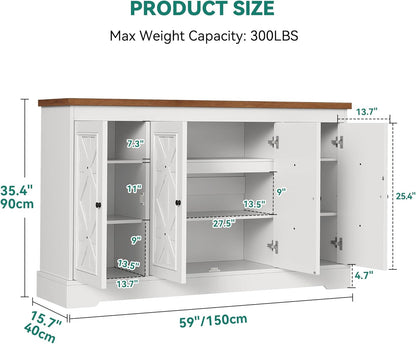 YITAHOME Sideboard Buffet Cabinet with Storage, 59" Buffet Storage with 4 Doors, Modern Farmhouse Coffee Bar Station Wood Kitchen Table with Adjustable Shelves for Kitchen, Living Room (White)