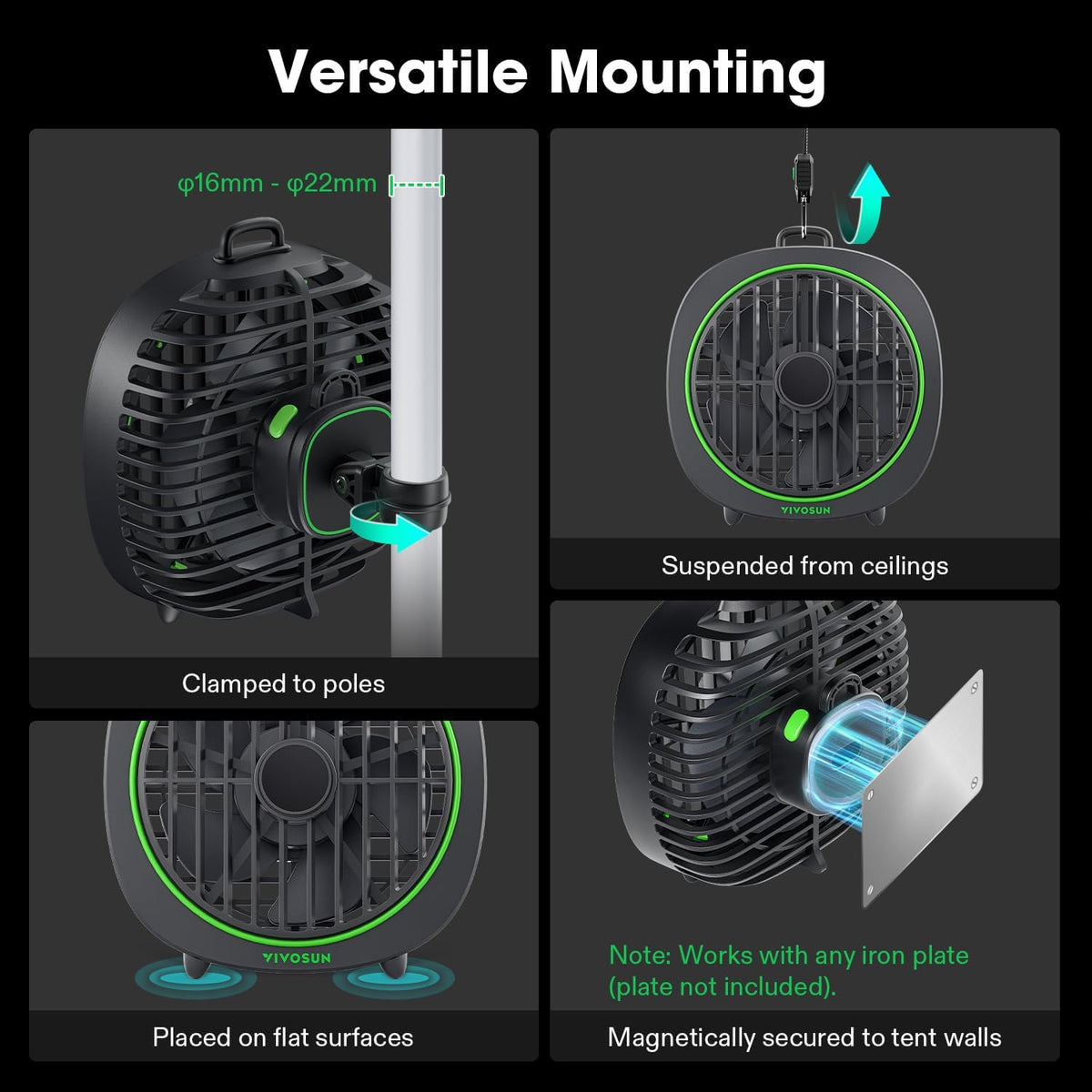 VIVOSUN AeroWave D4, 4” Grow Tent Clip Fan with Detachable Hook, 3-Speed Strong & Quiet Airflow, Adjustable Airflow Angle for Hydroponics, Circulation & Cooling, Black, 2-Pack