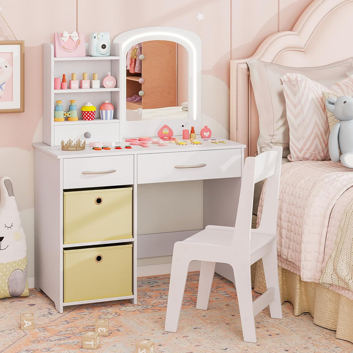Costzon Kids Vanity with Lights, Princess Makeup Dressing Desk with Mirror and Stool, Storage Drawers, Shelves, Vanity Table and Chair Set for Little Girls (White)