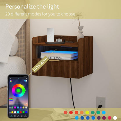 Veegle Floating Nightstand with Charging Station and LED Lights (Walnut Brown)