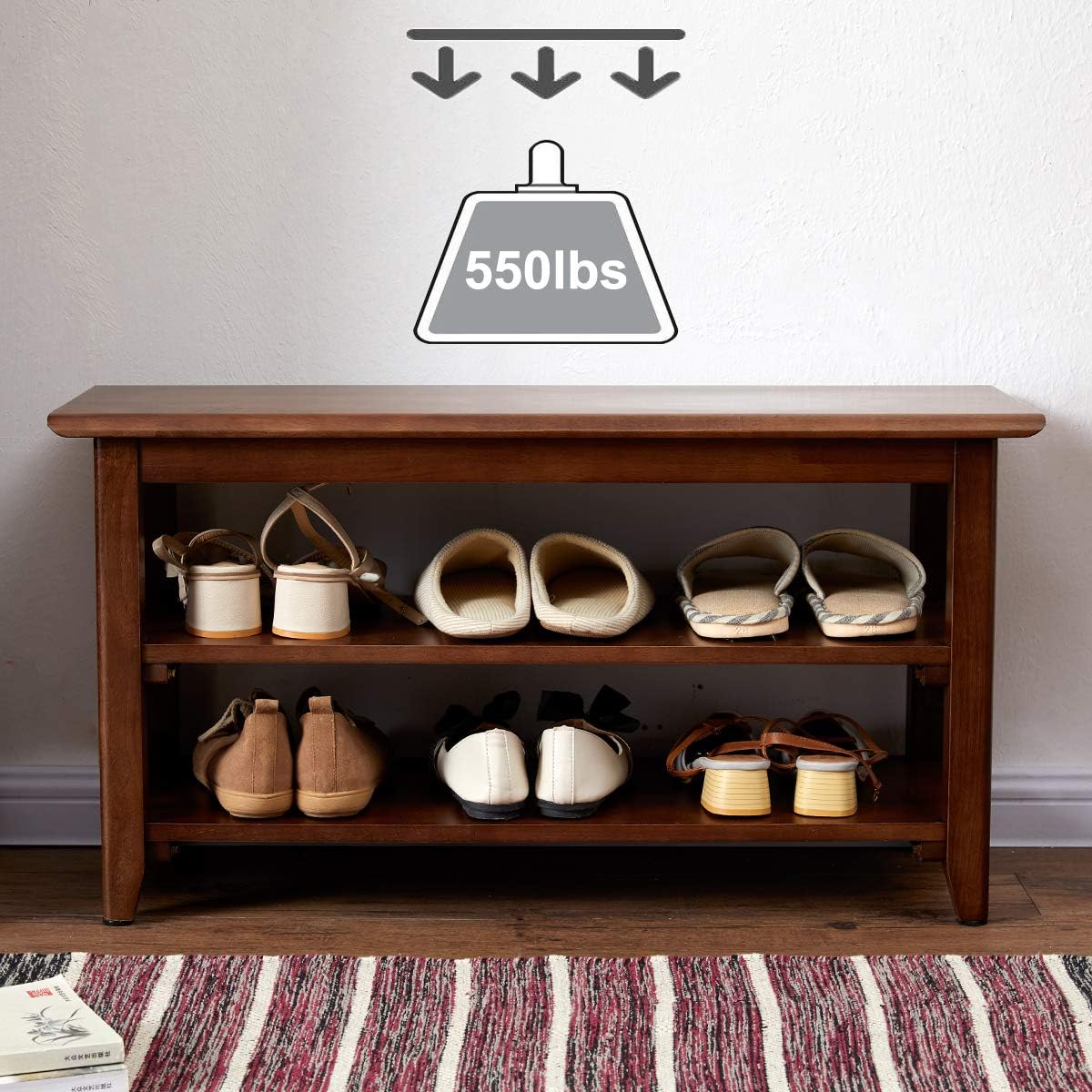 XKZG Shoe Rack Bench Wooden Shoe Storage Bench Entryway Bench, Brown, 23.6" | Rubber wood, Shoe Bench for Entryway, Living Room, Bedroom, Balcony, 23.6"W x 11.8"D x 16.5"H