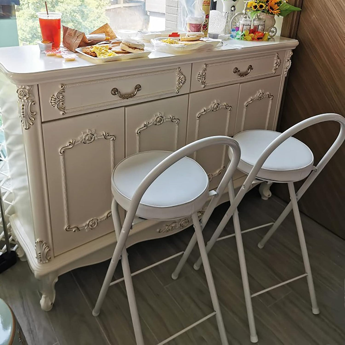 QQXX Folding Bar Stool with Footrest,Leather Padded Folding Kitchen Stool,Portable Counter Height Foldable Stool Tall Bar Stools for Outdoor Kitchen Shop Cafe(2 Pc, White Seat Height 27.5")