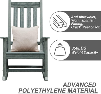 Oversized Outdoor Rocking Chair, HDPE 350lbs Heavy Duty Porch Rocker with High Back, All Weather Resistant Patio Rocking Chair for Lawn, Garden & Deck (Grey)