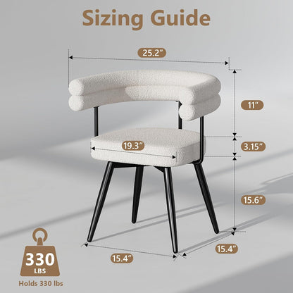 AODAILIHB 360° Swivel Boucle Dining Chairs Set of 2,Modern Upholstered Kitchen Chair with Curved Backrest,Armless Dining Chairs with Metal Legs for Dining Room, Vanity, Living Room, White