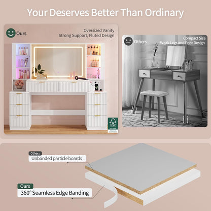 Big Vanity Desk, Fluted Makeup Vanity with Mirror Lights, Dressing Table | Large, Charging Station, Sound Sync Chasing LED Lights, Wood Vanities, Luxury Glass Cabinets, 8 Drawers, Girls, Women