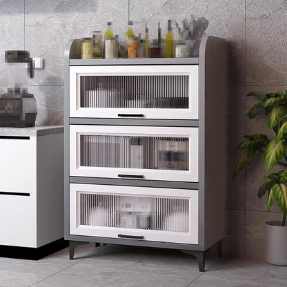 Kitchen Pantry Storage Cabinet E1 Grade Environmental Protection Board Concealed Flip-up Glass Cabinet Doors, for Kitchen Dining Room Living Room(Ash Gray,60cm*40cm*169cm)