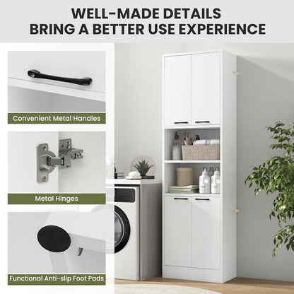 TANGZON 190CM Tall Kitchen Cupboard, 4-Door Storage Cabinet with Enclosed Cabinets, Open Compartments & Anti-tipping Kits, Freestanding Wooden Tall Sideboard for Pantry Dining Living Room (White)