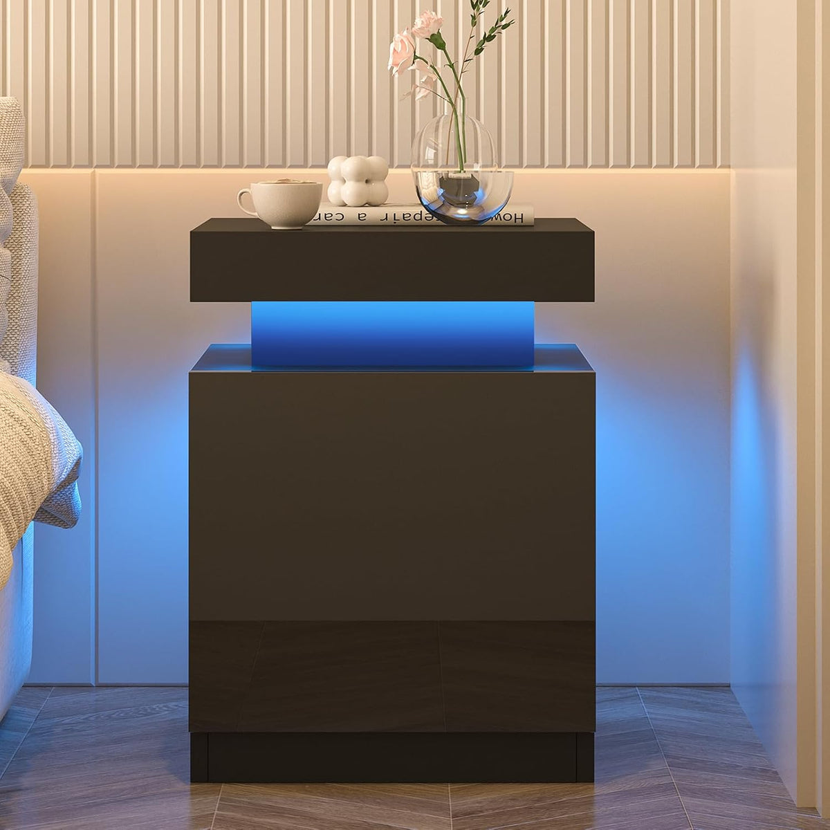 oneinmil LED Nightstands Set of 2, Night Stand with Storage Cabinet for Bedroom, Bedside Table with LED Lights, Modern End Side Table, Black