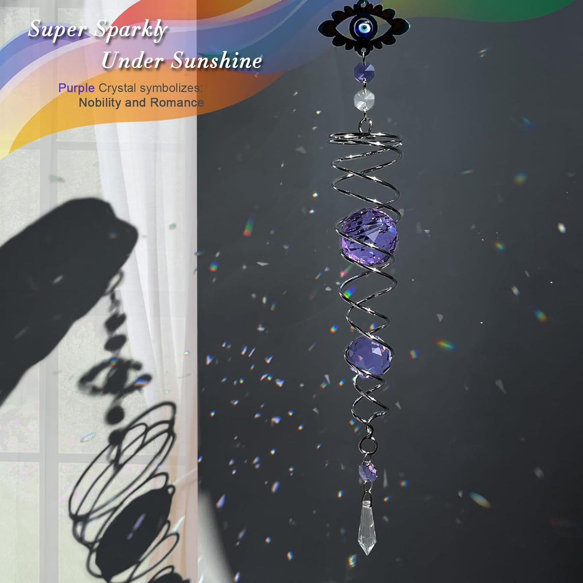FONMY Evil Eye Gazing Ball Spiral Tail Wind Spinner Sun Catcher Rainbow Maker Silver Spiral W/Purple K9 Crystal Ball Christmas GifTree Hanging Ornament Indoor Outdoor Garden Decor. 19.5inch H