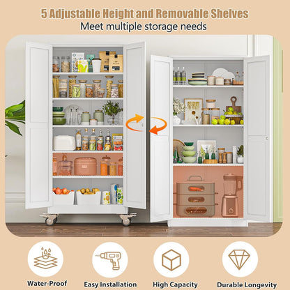 75" H Metal Pantry Storage Locker Cabinet with Wheels,Rolling Kitchen Pantry Cabinet with 2 Doors and 5 Adjustable Shelves, Lockable Steel Garage Tool Cabinet Organization for Home,Gym,School,White