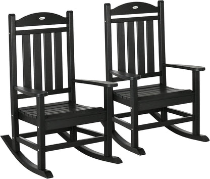 Outsunny 2 Pieces Outdoor Rocking Chair, All Weather-Resistant HDPE Rocking Patio Chairs with Rustic High Back, Armrests, Oversized Seat and Slatted Backrest, 350lbs Weight Capacity, Black