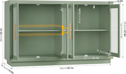 FOTOSOK Buffet Cabinet with Storage, 55.1" Large Sideboard Cabinets, Modern Sideboard Kitchen Cabinet with 4 Fluted Glass Doors, Wood Coffee Bar Buffet Table for Kitchen, Green