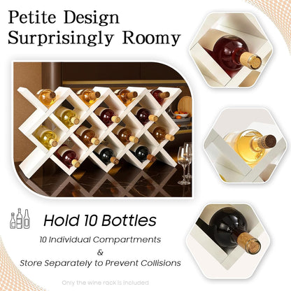 10 Grids Wooden Wine Rack – Wall Mounted or Countertop Storage, Diamond Lattice Design for 10 Bottles, Space-Saving Horizontal Storage, White